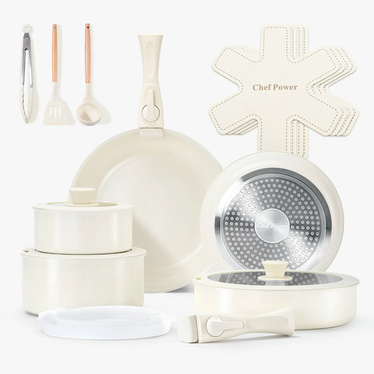 chef power nonstick nontoxic cookware set 19pcs white pots and pans with clip handles