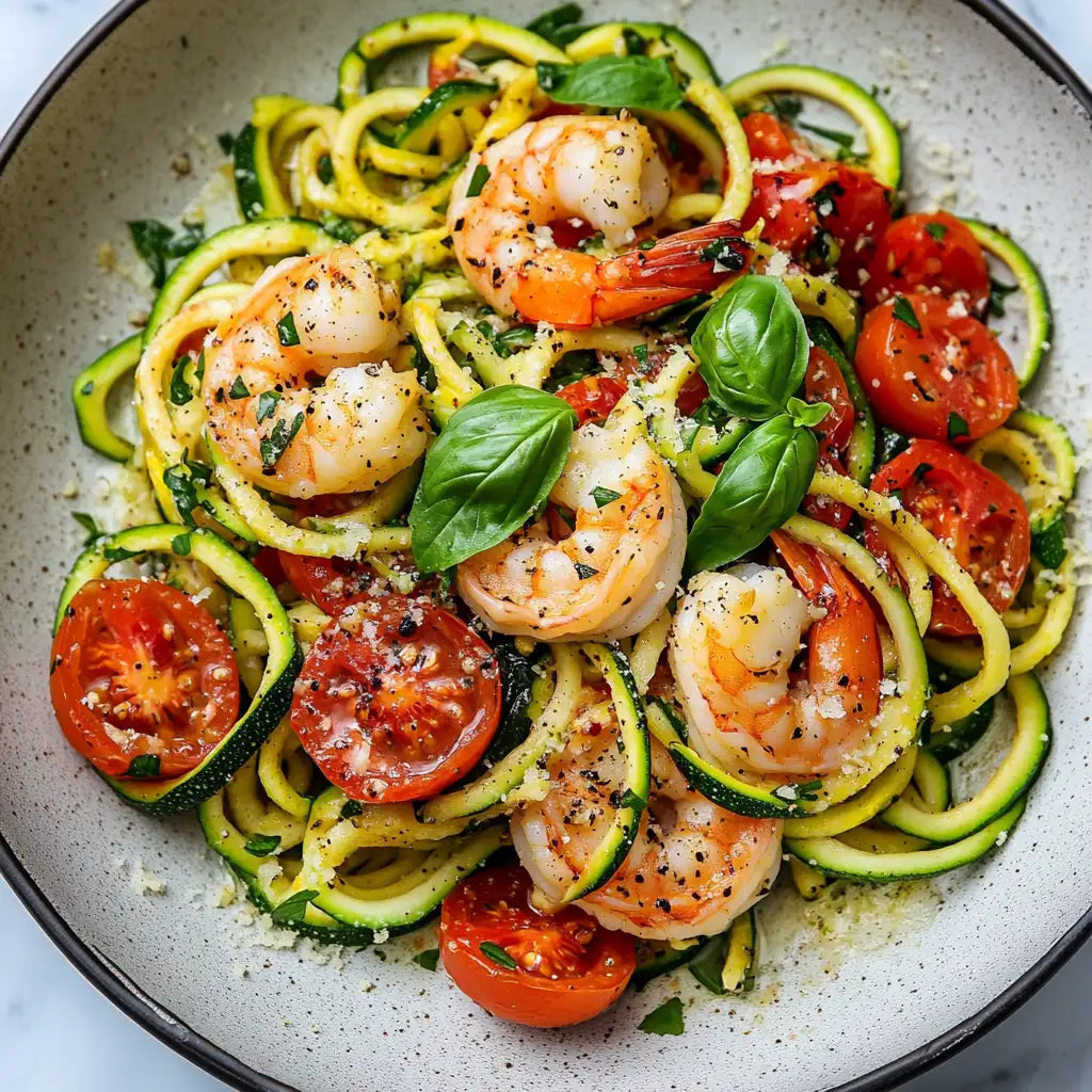 Summer Zucchini Spaghetti with Prawns and Cherry Tomatoes