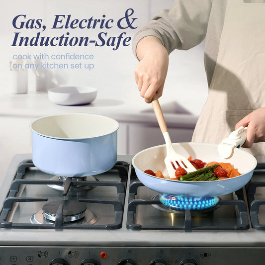 Chef Power Ceramic Non Toxic Cookware Sets with Detachable Handle Baby Blue Purple