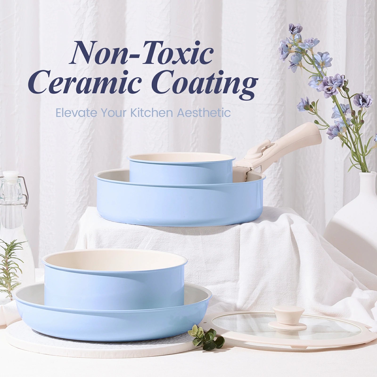 Chef Power Ceramic Non Toxic Cookware Sets with Detachable Handle Baby Blue Purple