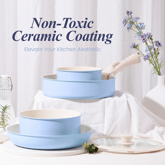 Chef Power Ceramic Non Toxic Cookware Sets with Detachable Handle Baby Blue Purple