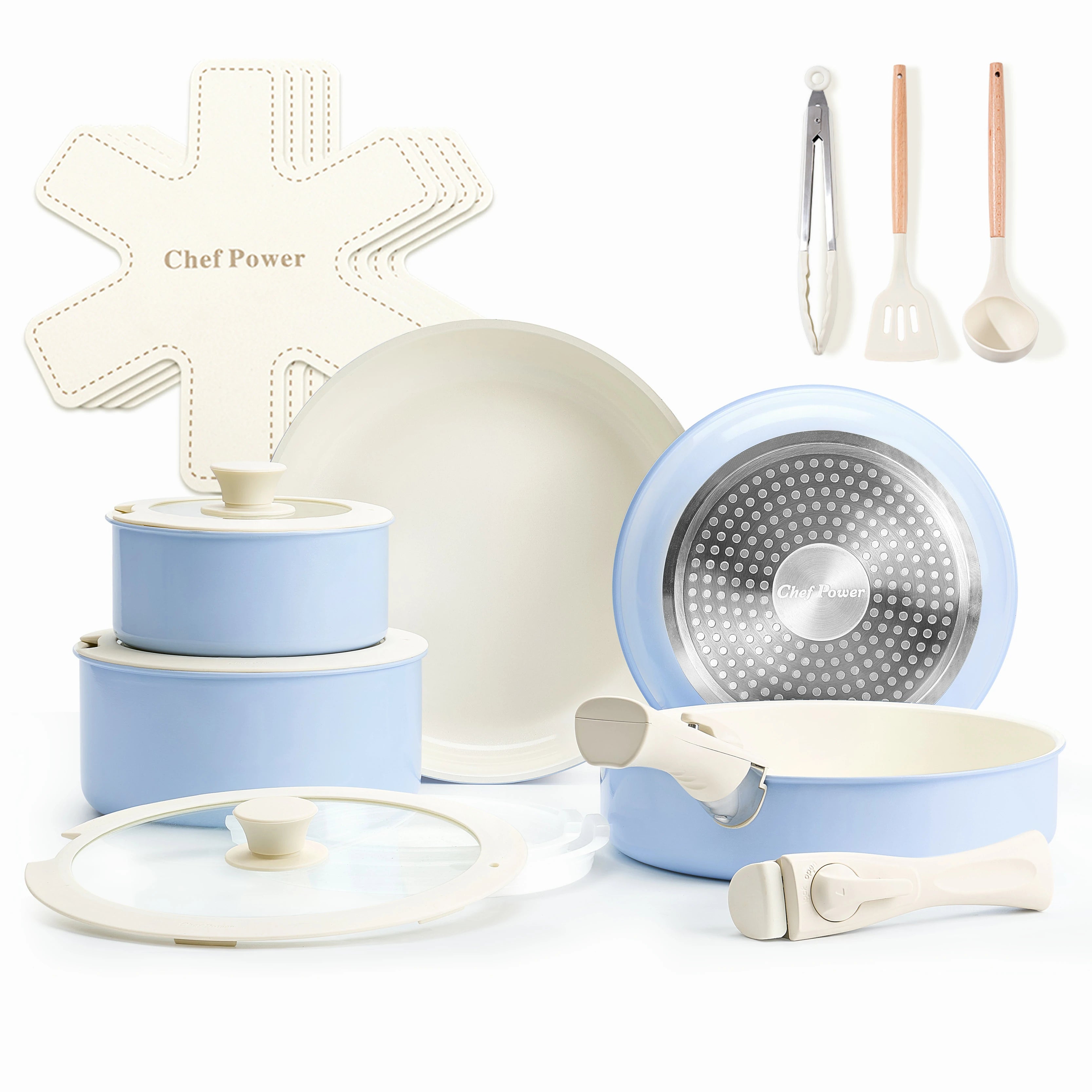 Chef Power Ceramic Nonstick Non-Toxic Cookware Sets with Detachable Handle 19-Piece Set Baby Blue Purple
