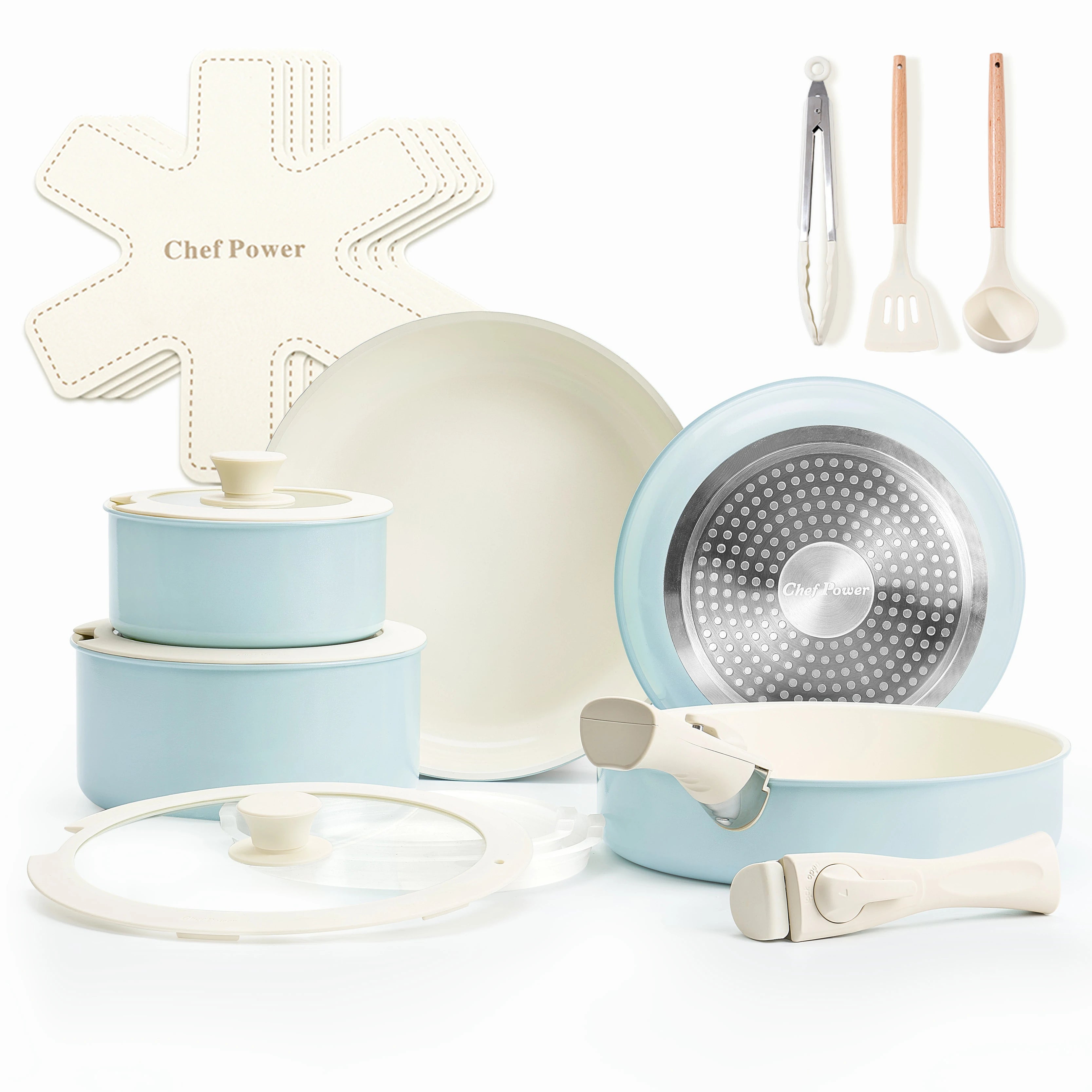 Chef Power Ceramic Nonstick Non-Toxic Cookware Sets with Detachable Handle 19-Piece Set Light Blue