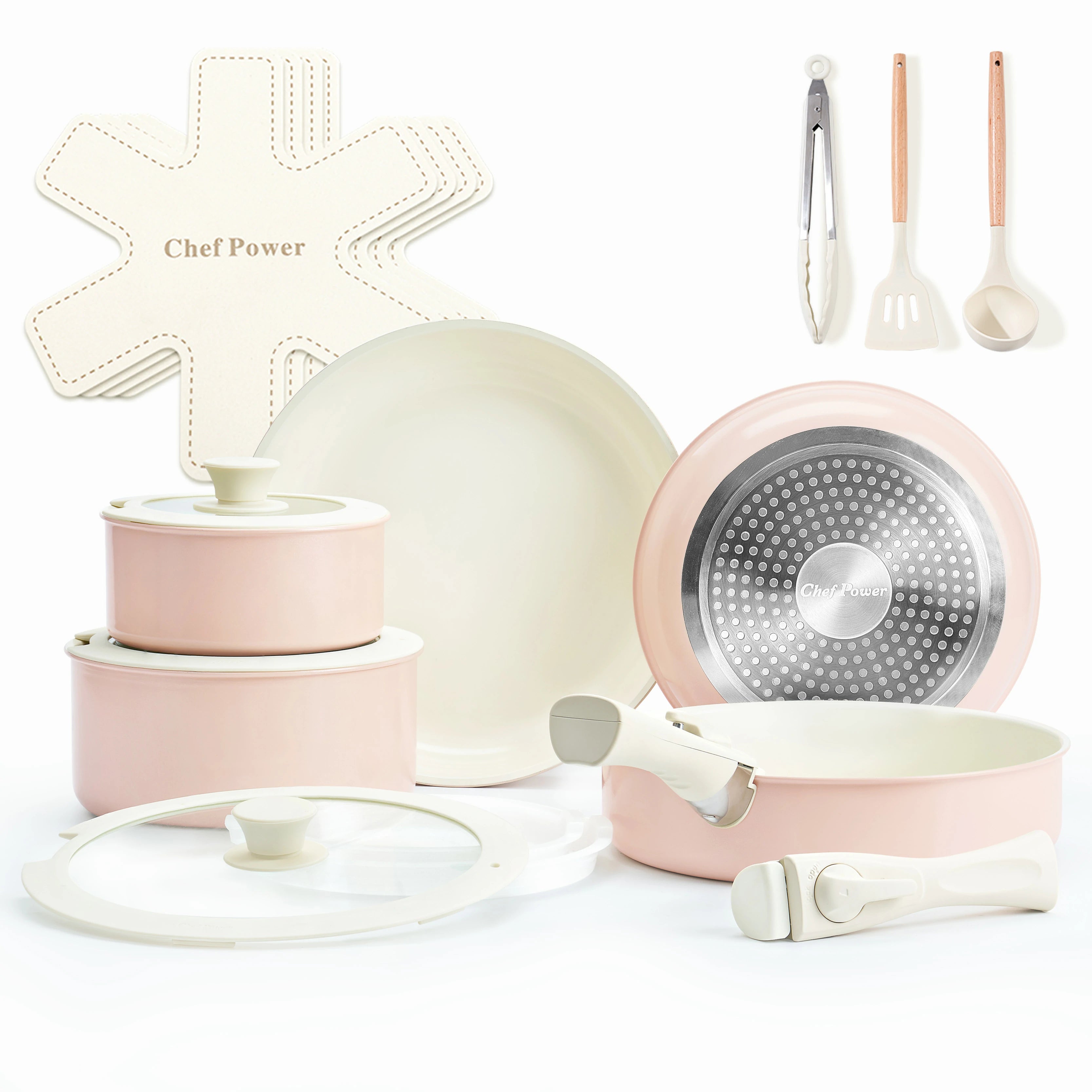 Chef Power Ceramic Nonstick Non-Toxic Cookware Sets with Detachable Handle 19-Piece Set Light Pink