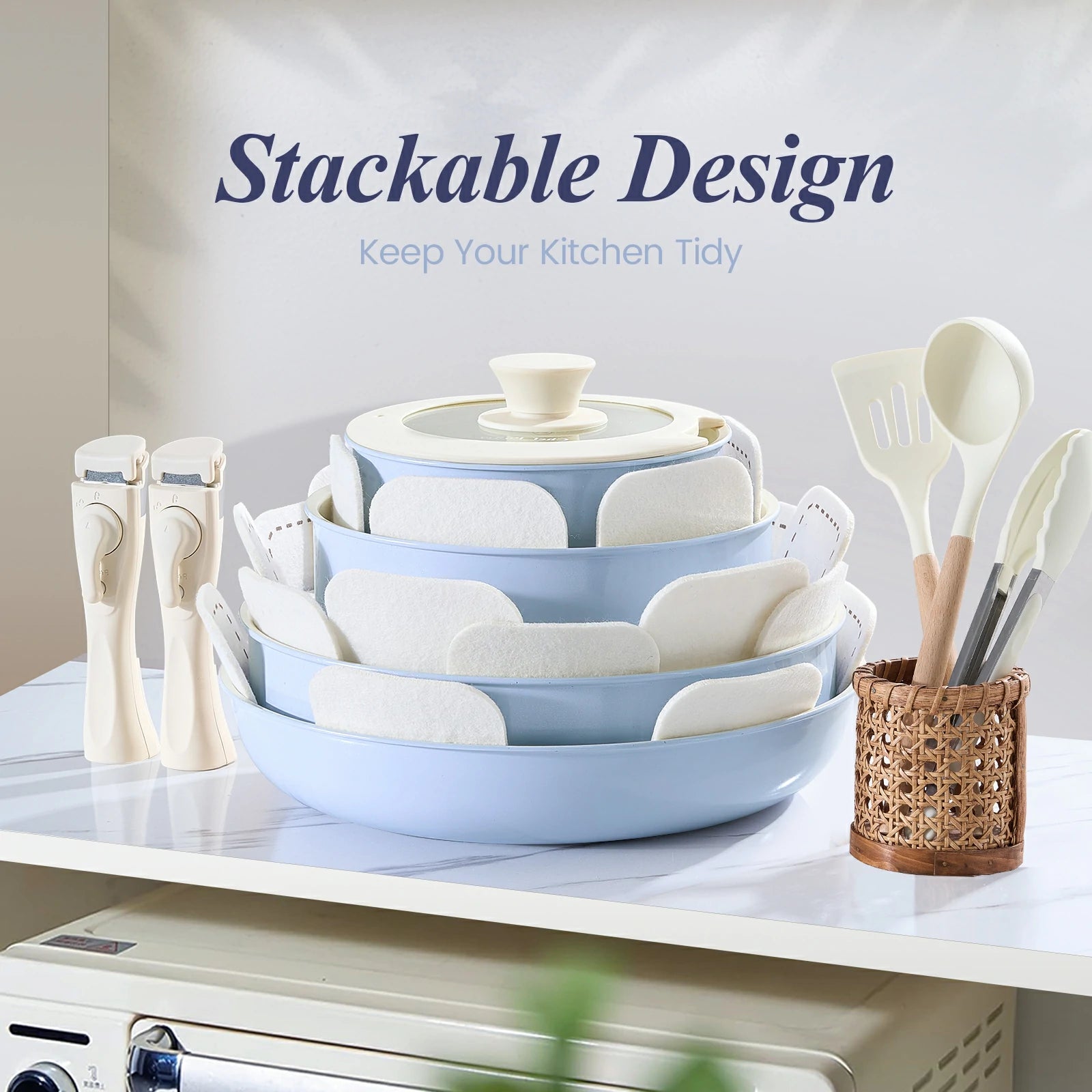 Chef Power Ceramic Non Toxic Cookware Sets with Detachable Handle Baby Blue Purple