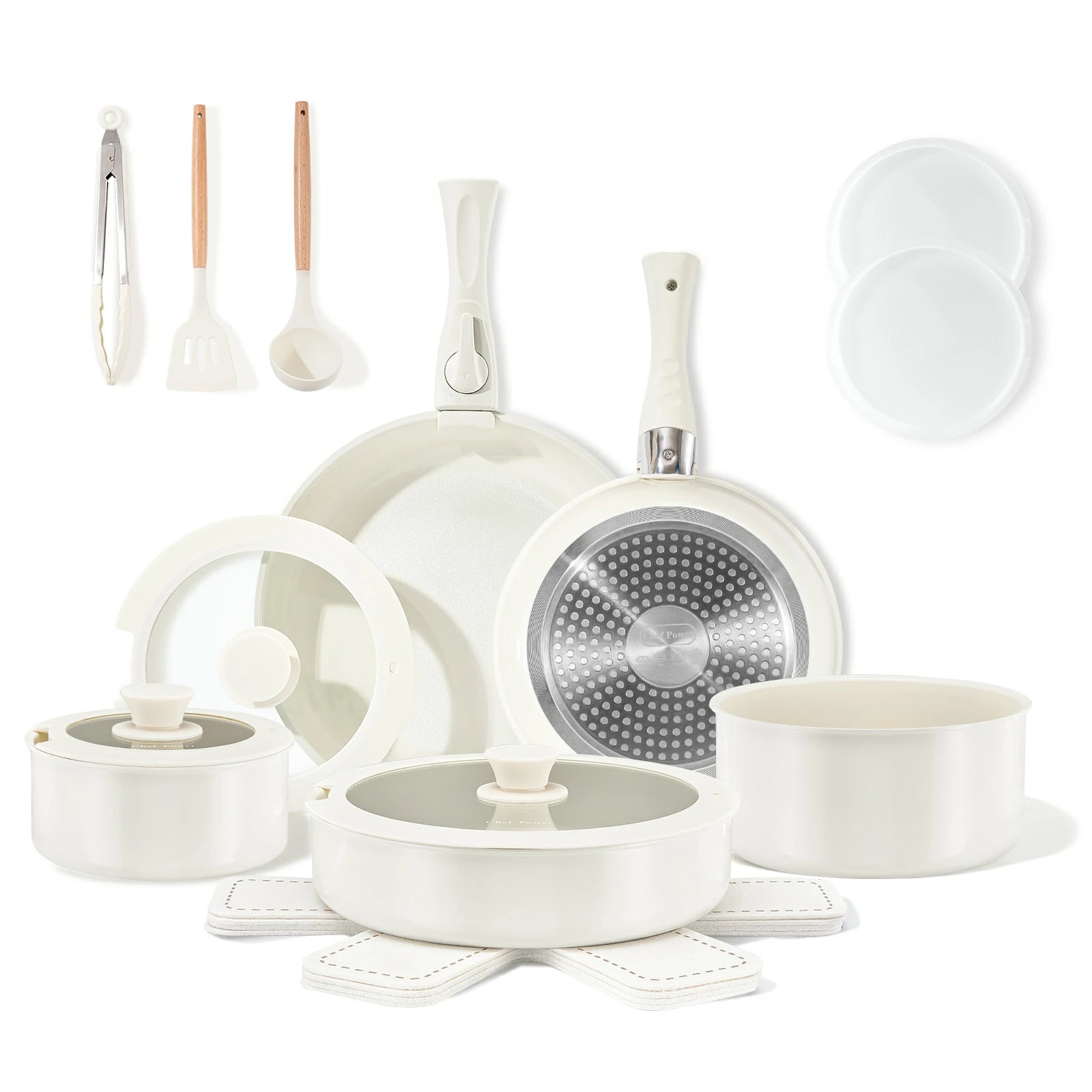 Chef Power Ceramic Nonstick Nontoxic Cookware Set with Detachable Handle Cream White 19-Piece Set
