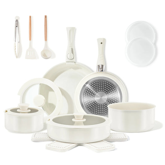 Chef Power Ceramic Nonstick Nontoxic Cookware Set with Detachable Handle Cream White 19-Piece Set