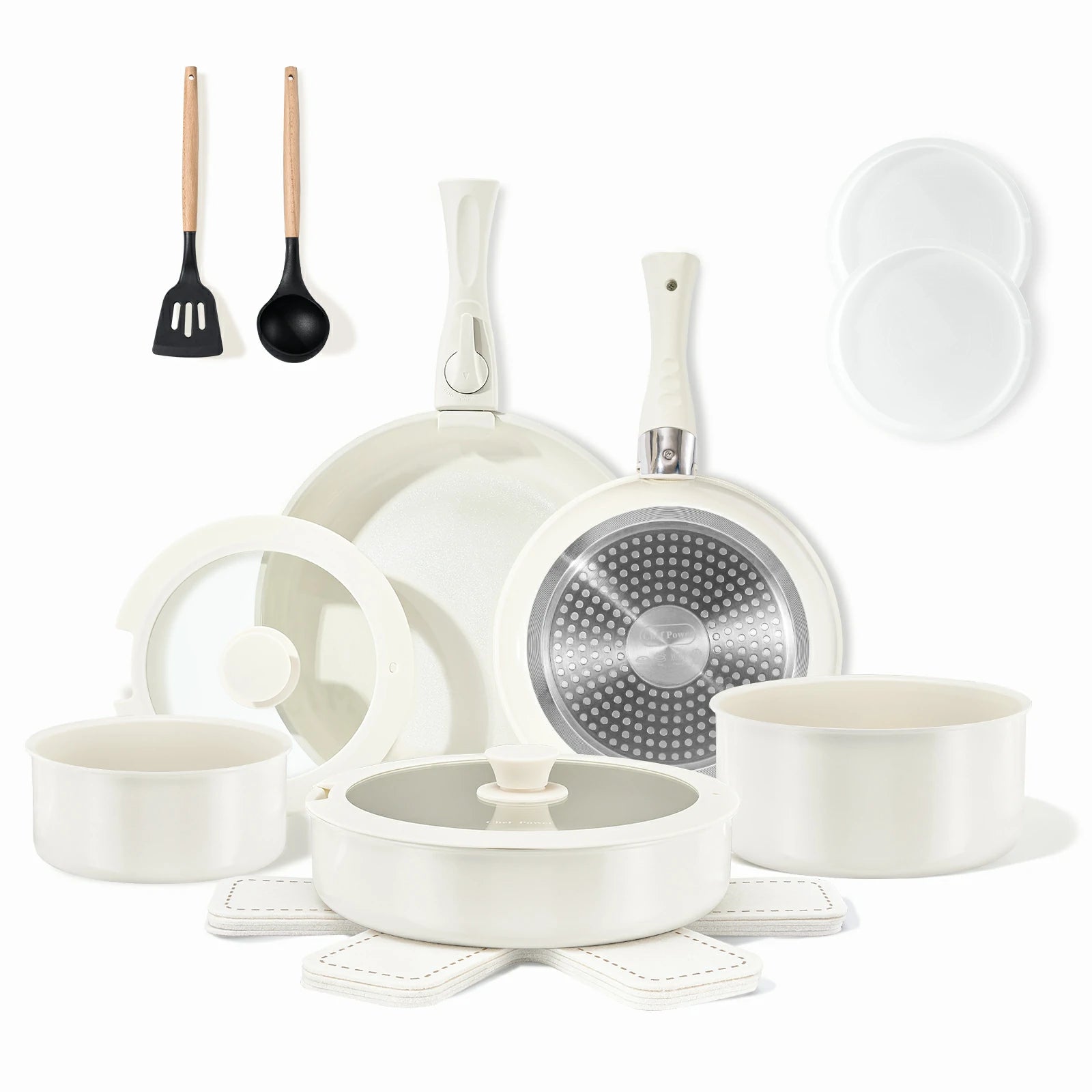 Chef Power Ceramic Nonstick Nontoxic Cookware Set with Detachable Handle Cream White Color 17-Piece Set
