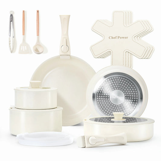 Chef Power Ceramic Nonstick Nontoxic Cookware Set with Detachable Handle Cream White Color 19-Piece Set