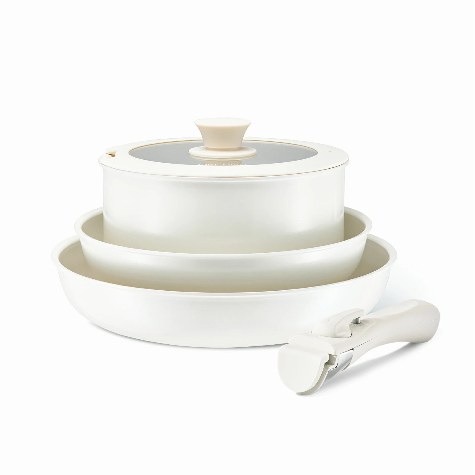 Chef Power Ceramic Nonstick Nontoxic Cookware Set with Detachable Handle Cream White Color 5-Piece Set