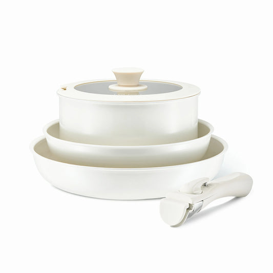 Chef Power Ceramic Nonstick Nontoxic Cookware Set with Detachable Handle Cream White Color 5-Piece Set