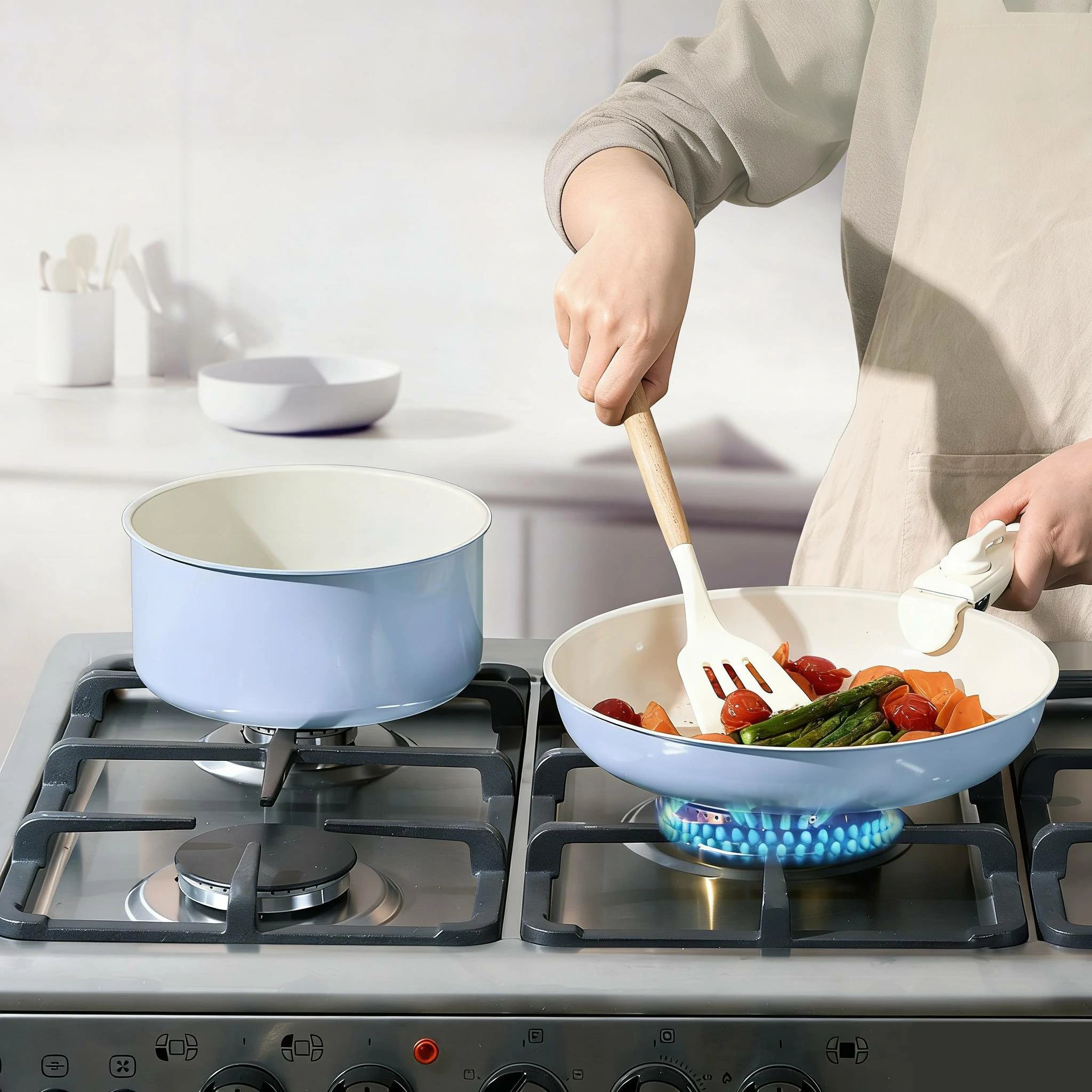 Chef Power Ceramic Non Toxic Cookware Sets with Detachable Handle Baby Blue Purple