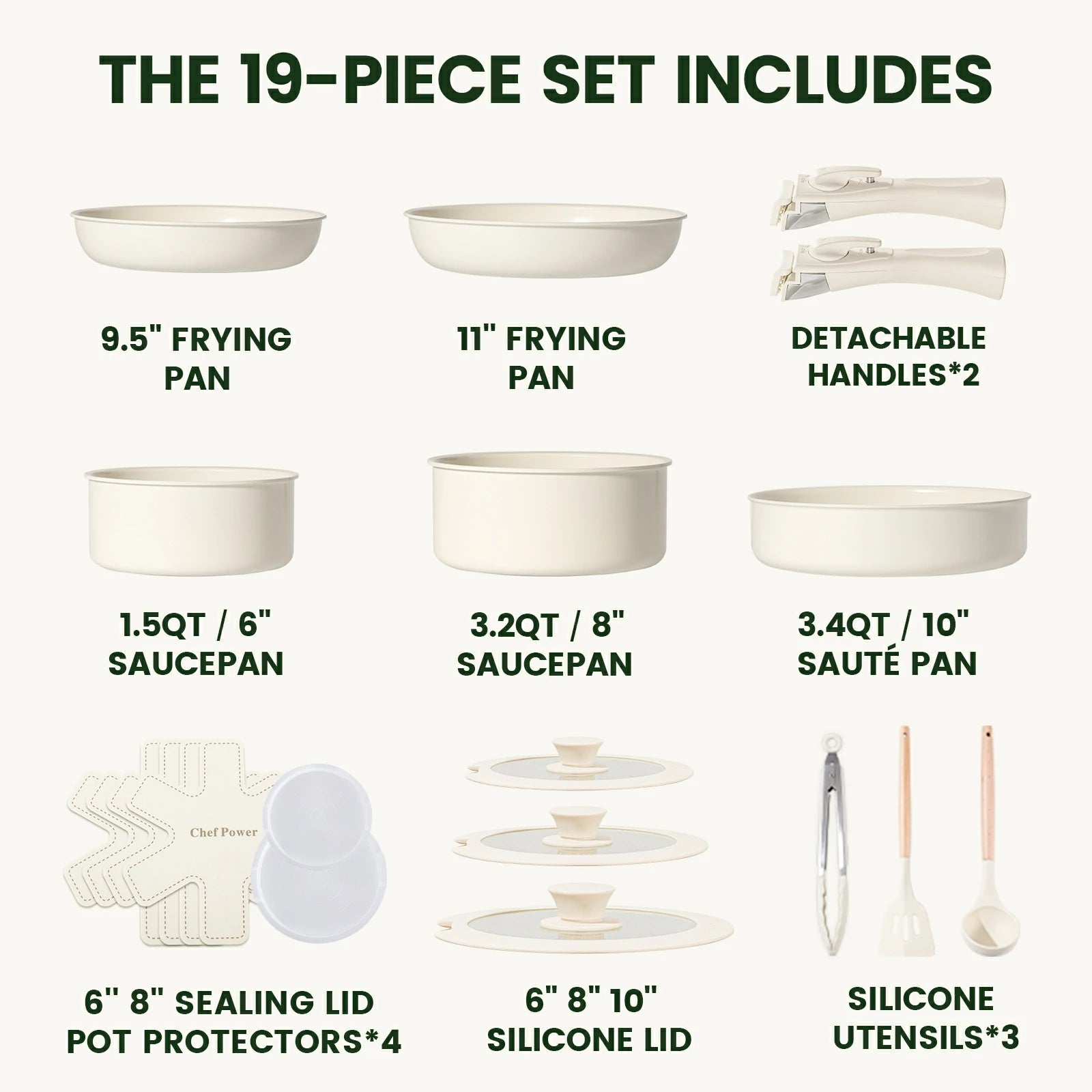 Chef Power Detachable Handle Ceramic Cookware Set Includes