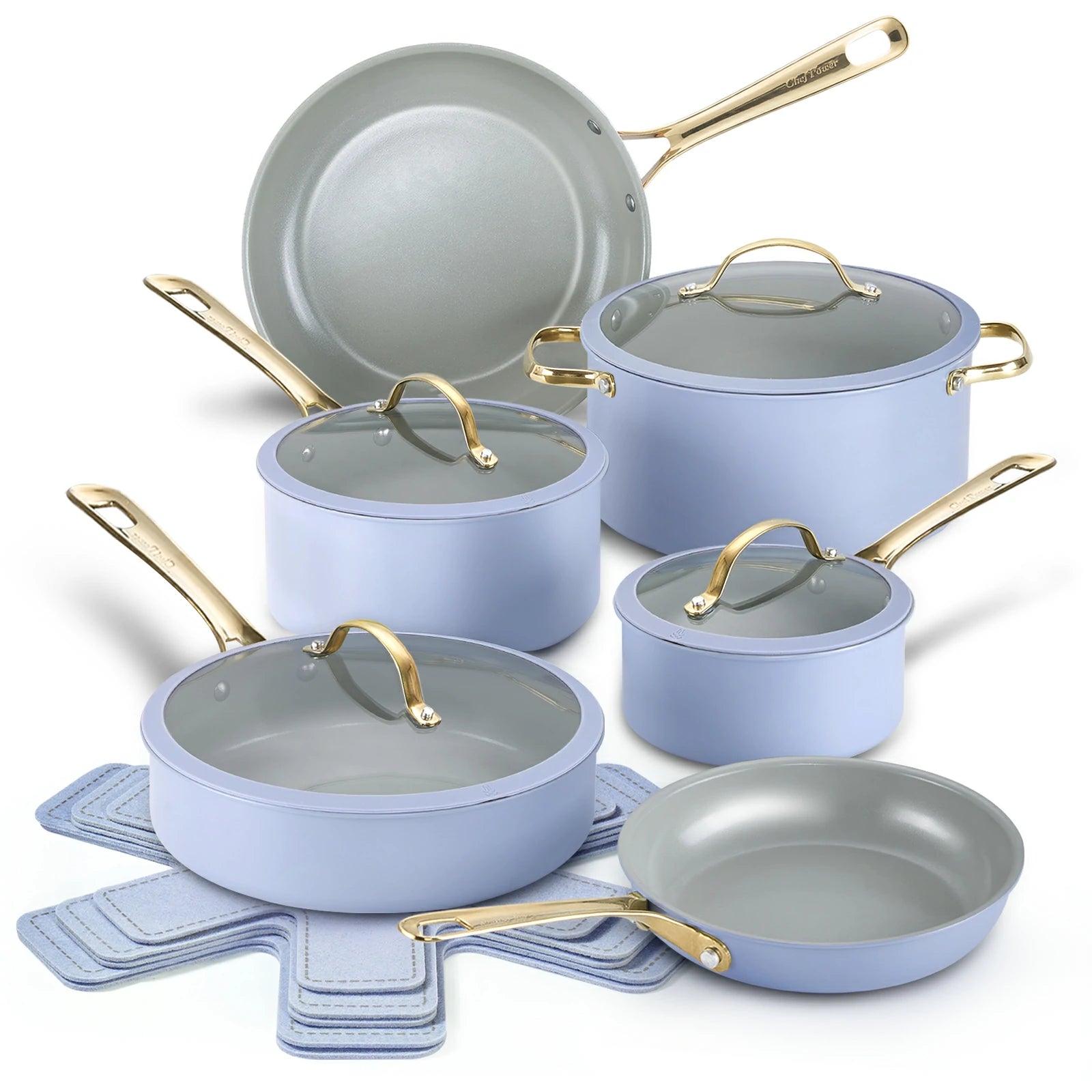 Chef Power Stars Ceramic Nonstick Cookware Set 15 Piece Set Blue Gray and Granite Gray with Light Golden Handles