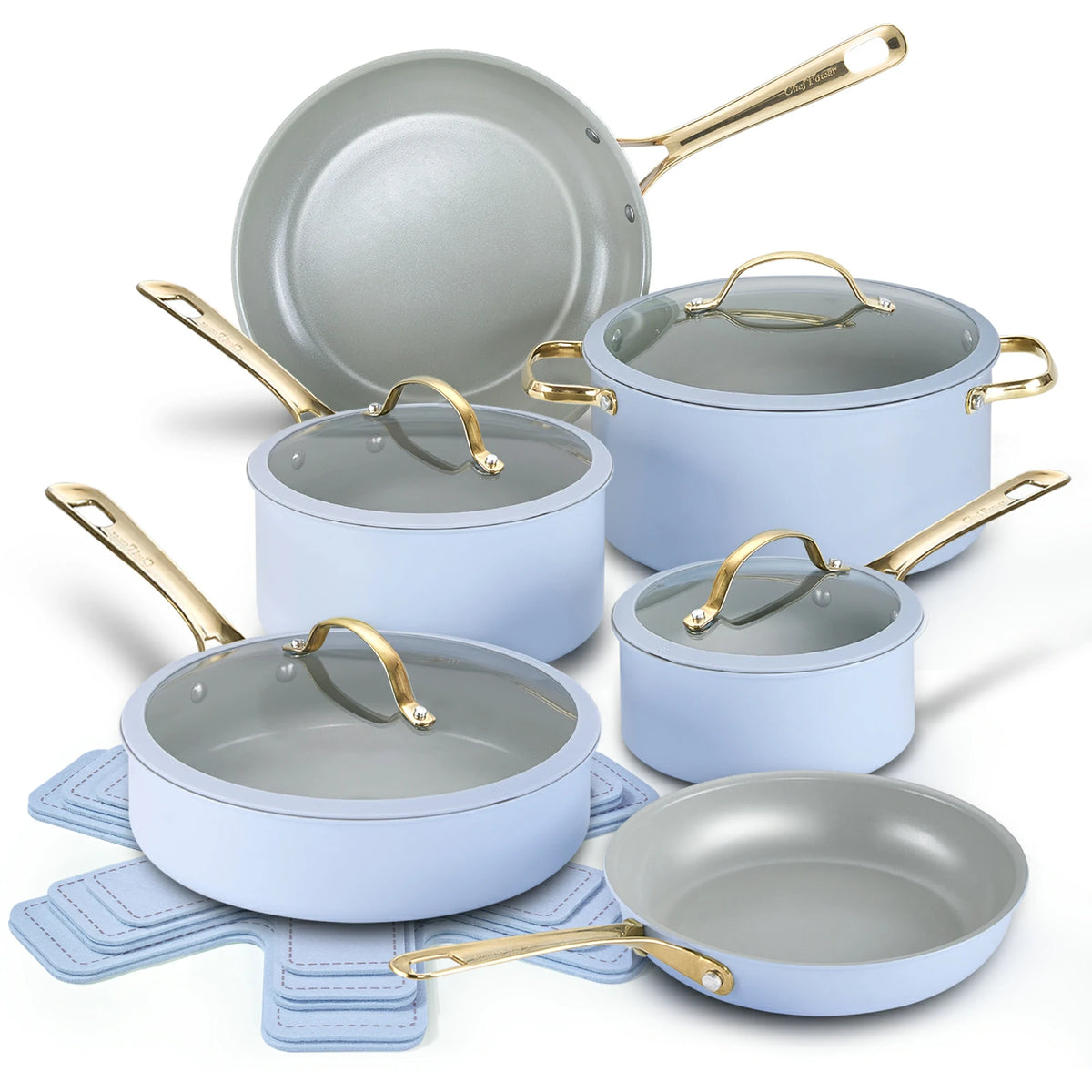 Bright Cookware Stars Ceramic Non-Stick 15-Piece Cookware Set with Light Golden Handles ...