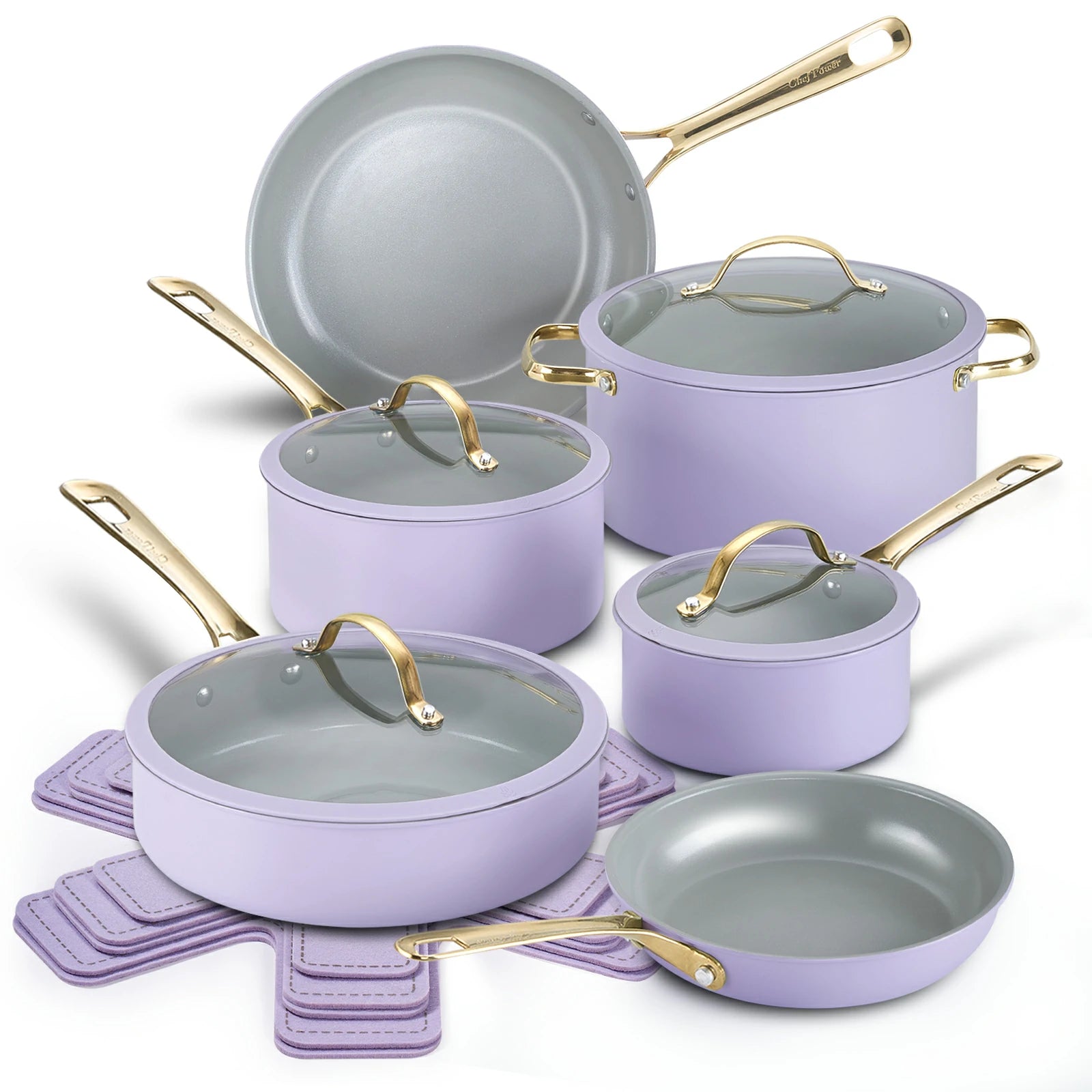 Chef Power Stars Ceramic Nonstick Cookware Set 15 Piece Set Light Purple and Granite Gray with Light Golden Handle