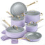 Chef Power Stars Ceramic Nonstick Cookware Set 15 Piece Set Light Purple and Granite Gray with Light Golden Handle