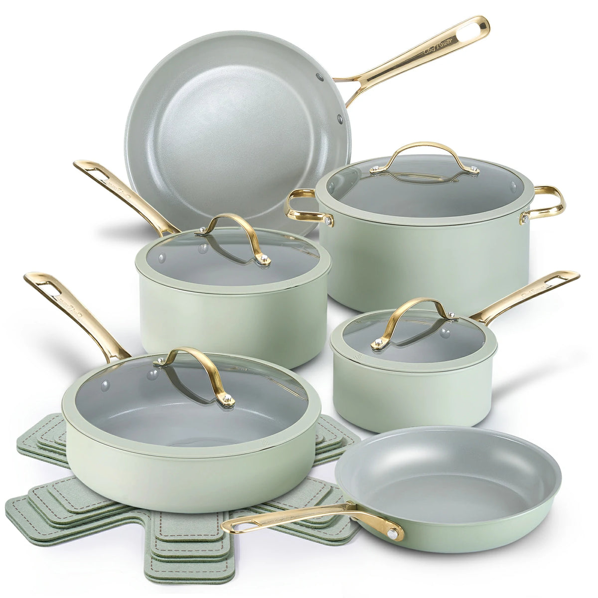 Stars Ceramic Non-Stick 15-Piece Cookware Set with Light Golden Handles