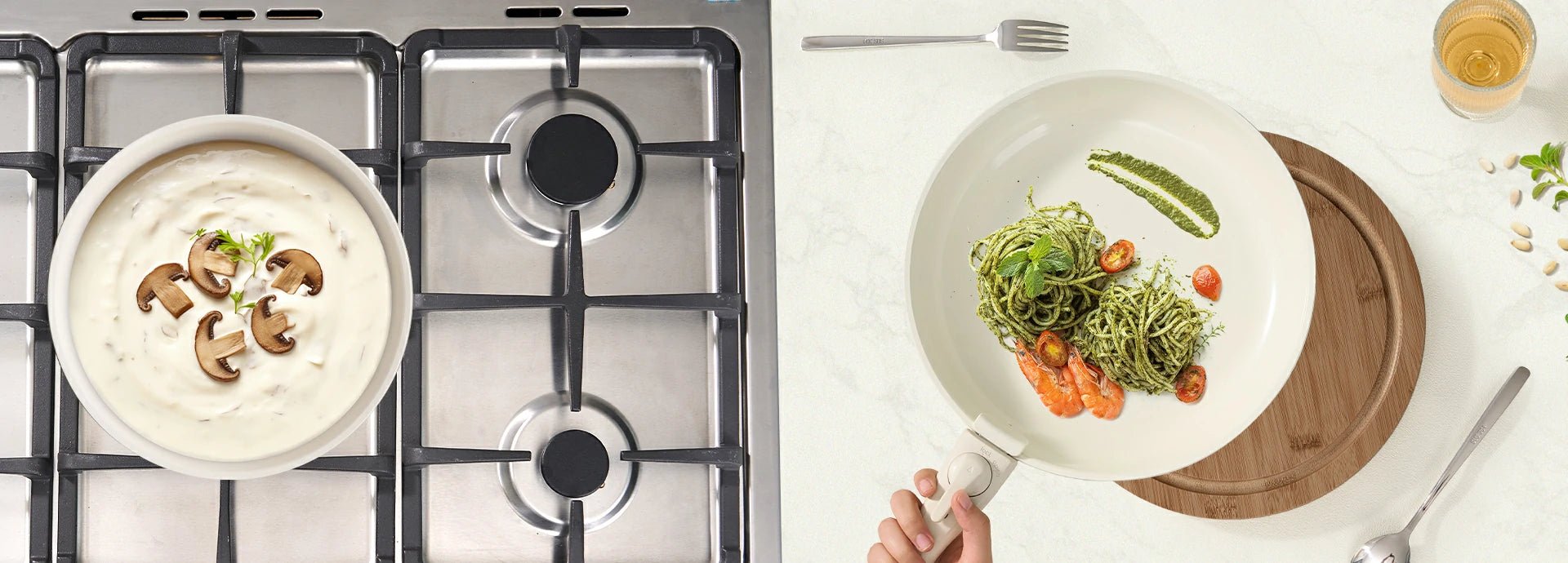 Chef Power ceramic cookware set with removable handle on the table