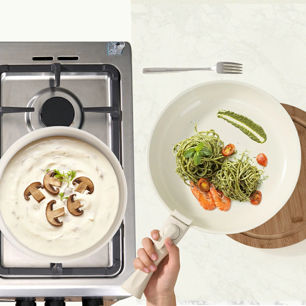 Chef Power ceramic cookware set with removable handle on the table