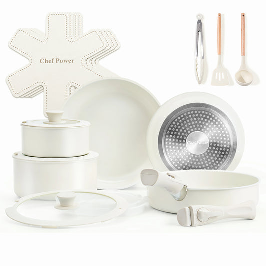 Chef Power Ceramic Nonstick Nontoxic Cookware Set with Detachable Handle Cream White Color 19 Piece Set