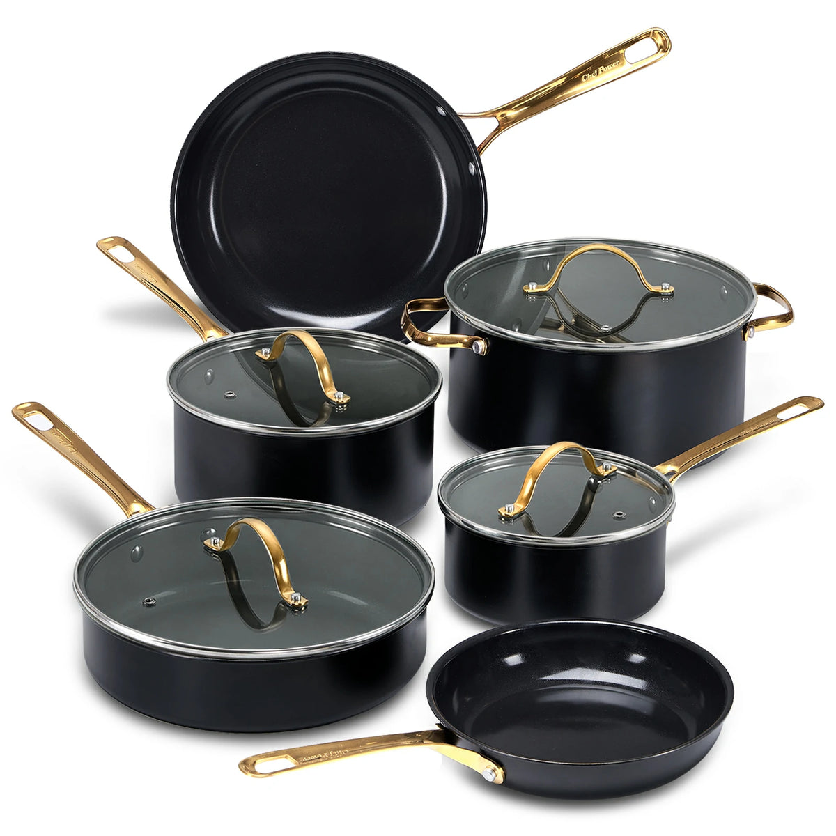 Stars Ceramic Non-Stick 10-Piece Cookware Set with Golden Handles ...