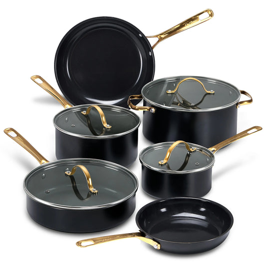 Chef Power 10-Piece Nonstick Ceramic Cookware Set with Golden Satinless Steel Handles Black