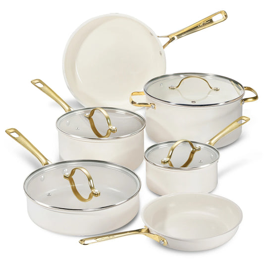Chef Power 10-Piece Nonstick Ceramic Cookware Set with Light Golden Satinless Steel Handles Cream White