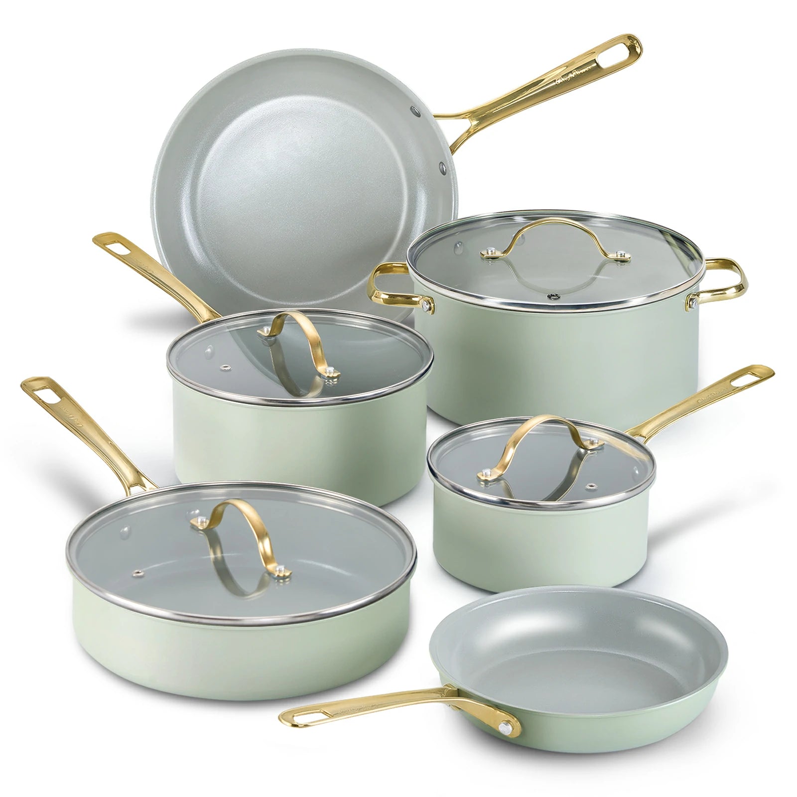 Chef Power 10-Piece Nonstick Ceramic Cookware Set with Light Golden Satinless Steel Handles Sage Green