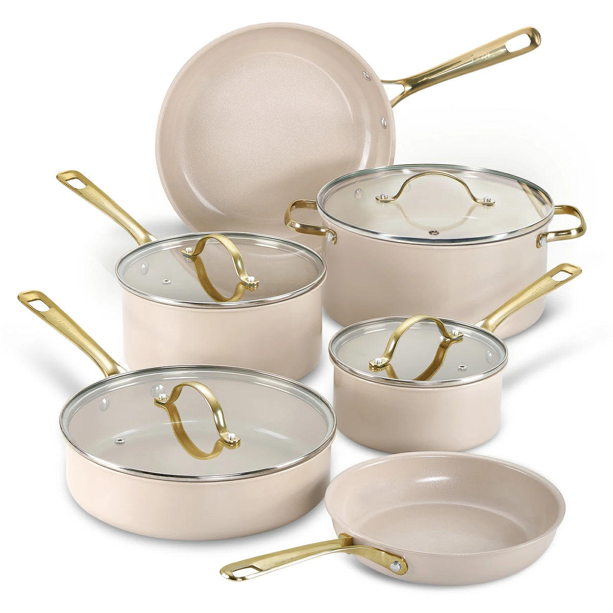 Stars Ceramic Non-Stick 10-Piece Cookware Set with Light Golden Handles ...
