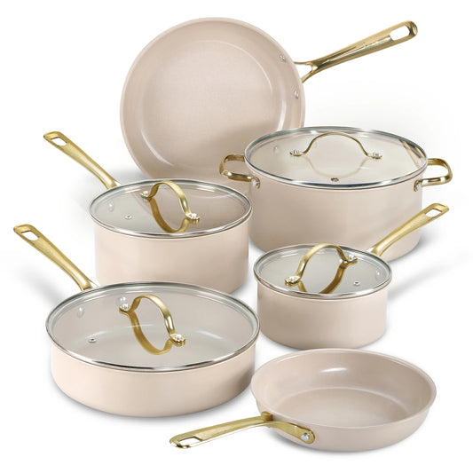 Chef Power 10-Piece Nonstick Ceramic Cookware Set with Light Golden Satinless Steel Handles Taupe