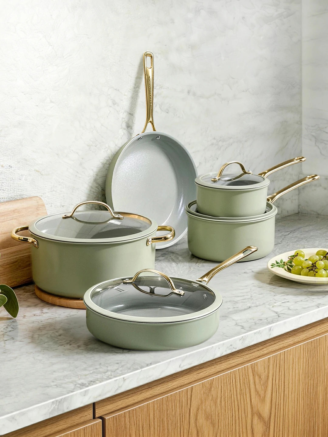 Chef Power Nontoxic 15-Piece Ceramic Cookware Set Sage Green Banner