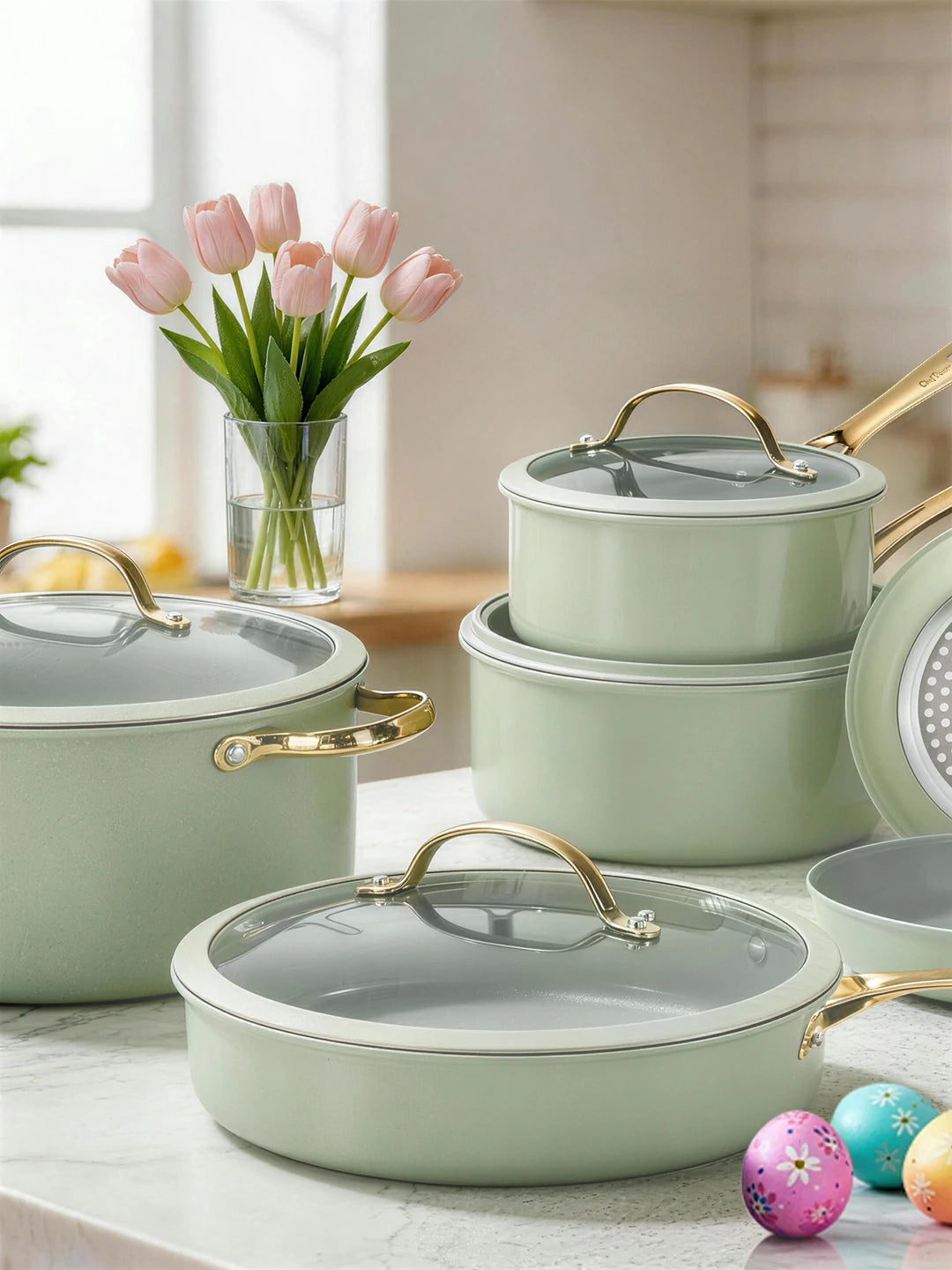 Chef Power Easter Nonstick 15-Piece Cookware Set Sage Green Banner