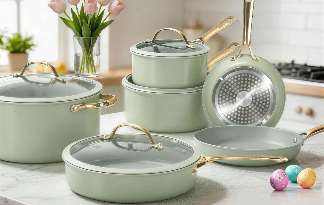 Chef Power Easter Nonstick 15-Piece Cookware Set Sage Green Banner