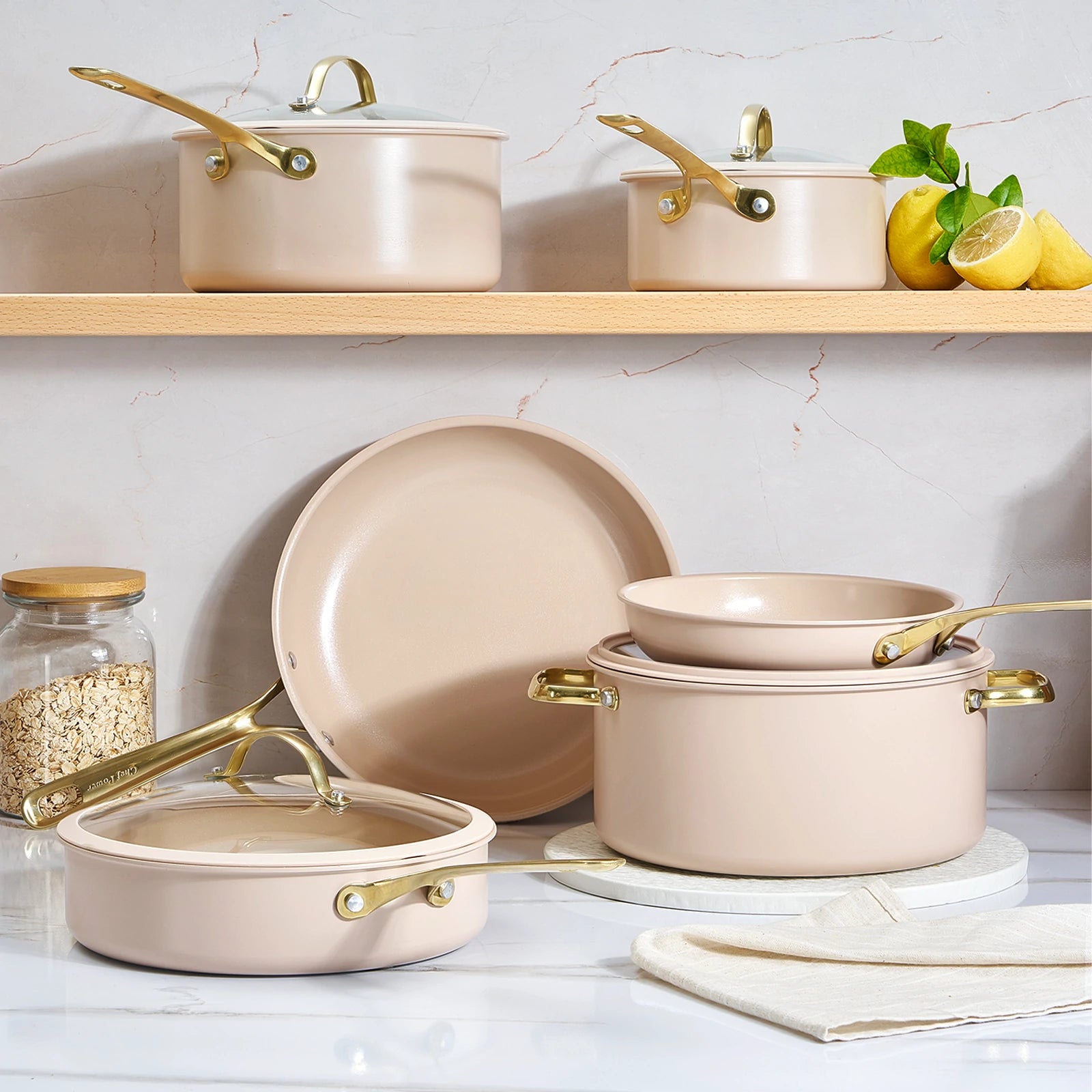 Chef Power 15 Pieces Taupe Ceramic Cookware Set Scene