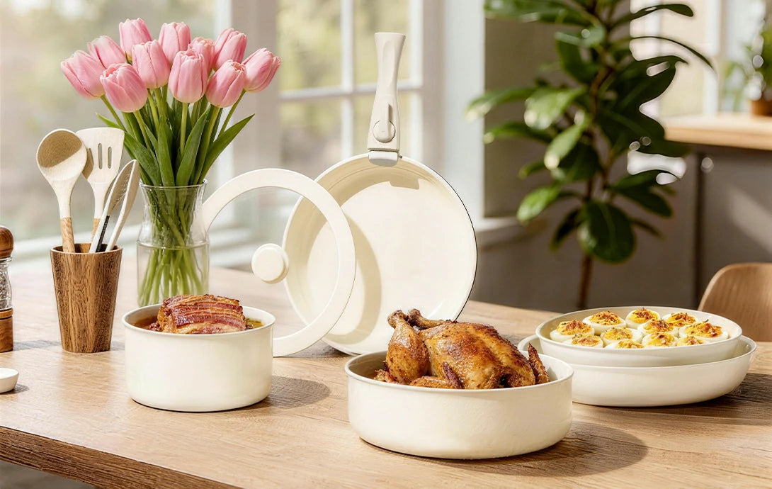 Chef Power Easter Nonstick 19-Piece Detachable Handlle Cookware Set White Banner