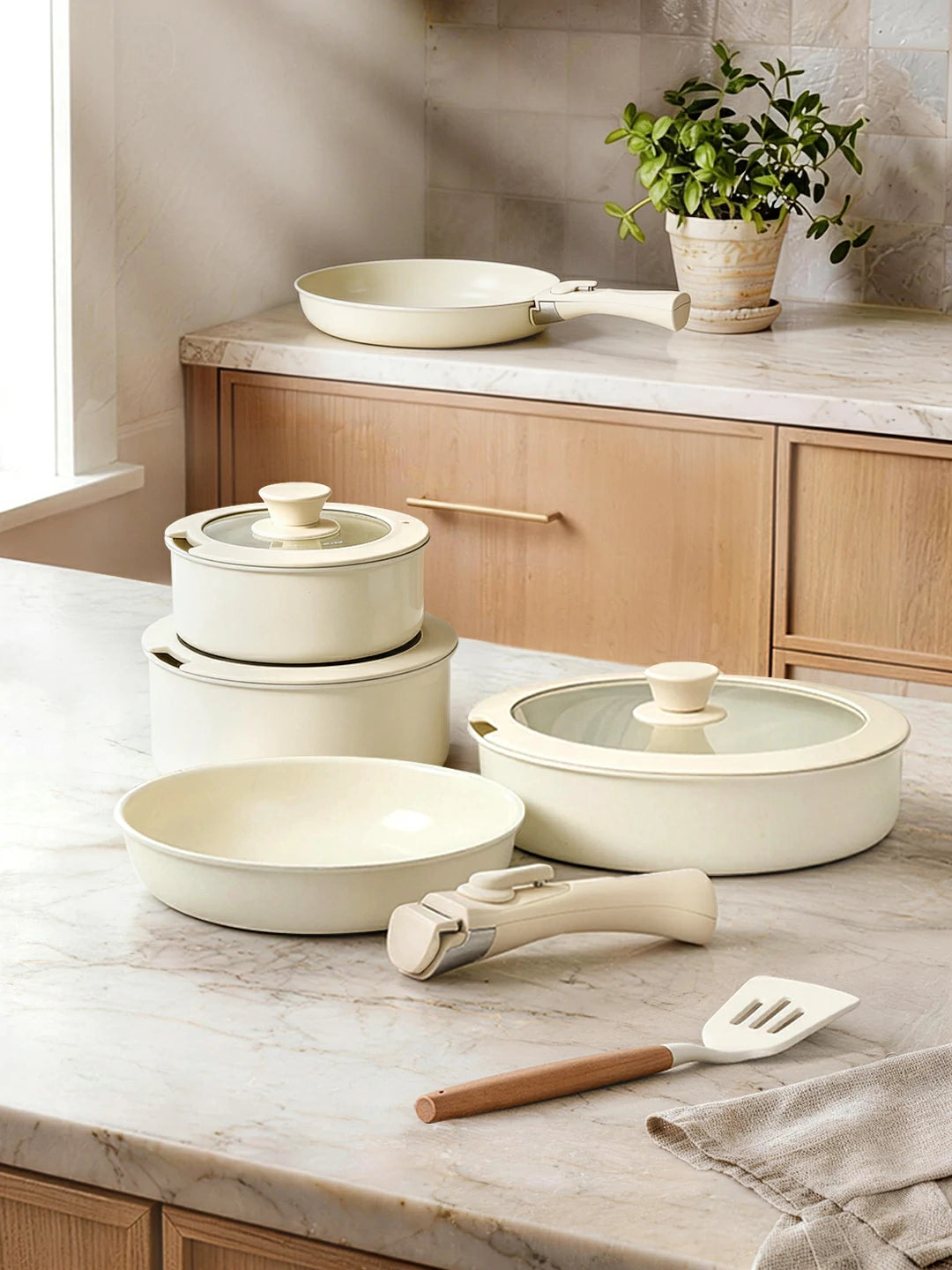 Chef Power Nonstick 19-Piece Detachable Handle Ceramic Cookware Set White Banner