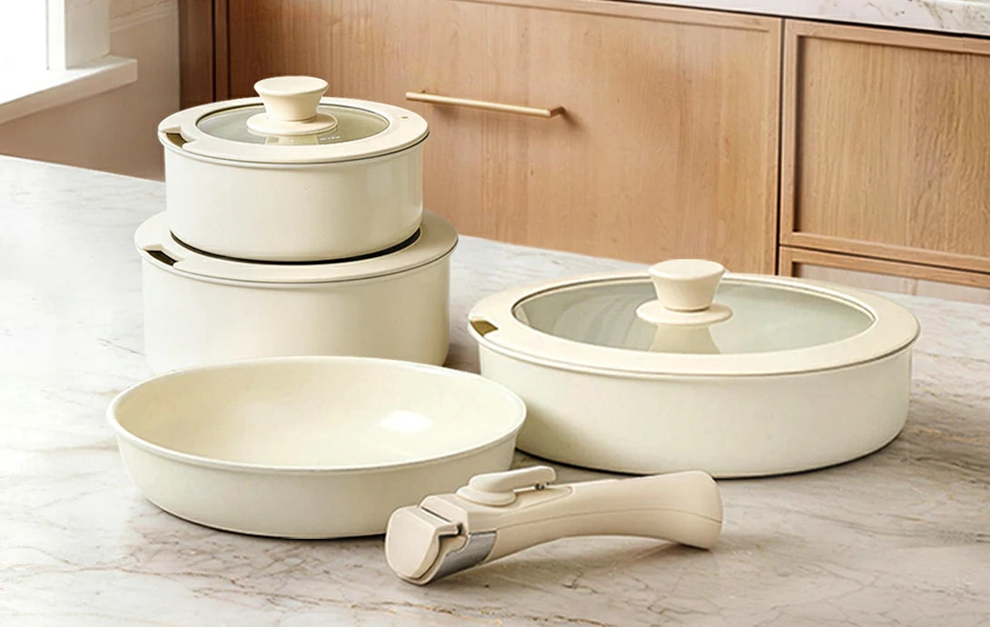 Chef Power Nonstick 19-Piece Detachable Handle Ceramic Cookware Set White Banner