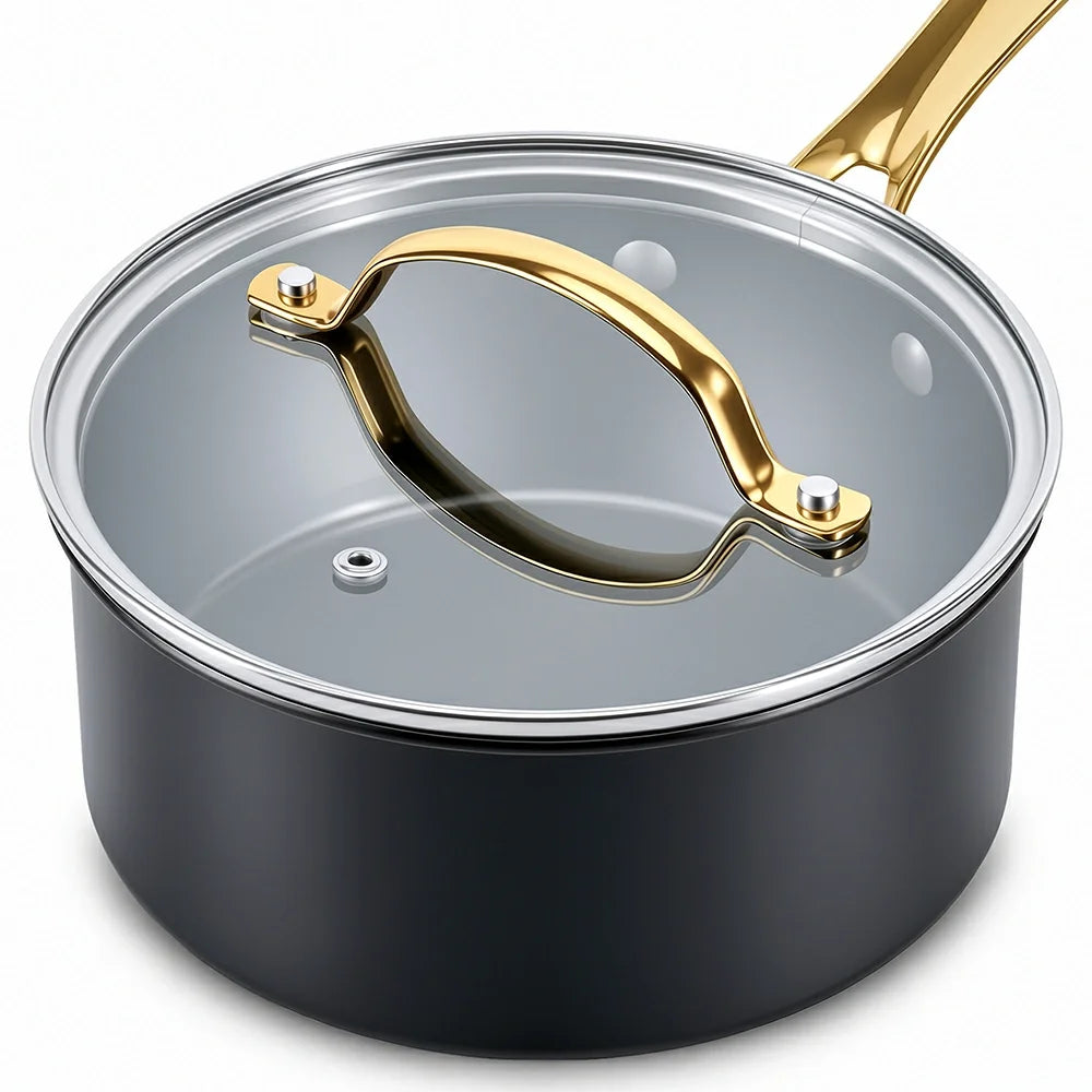 Chef Power Black 1.5QT Sauce Pan Tempered Glass Lid with Stainless Steel Rim Detail