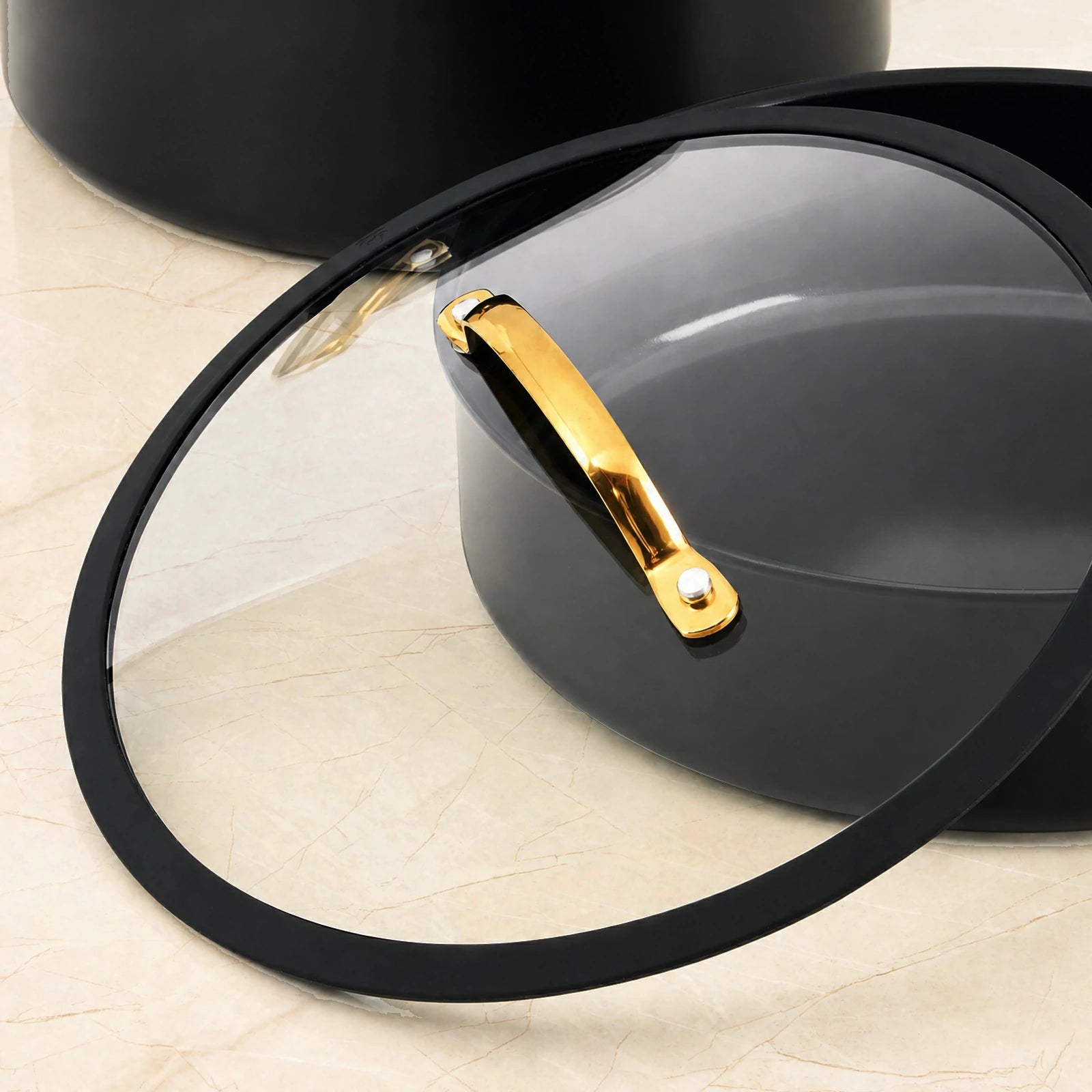 Chef Power Black Tempered Glass Lid with Gold Handle Detail