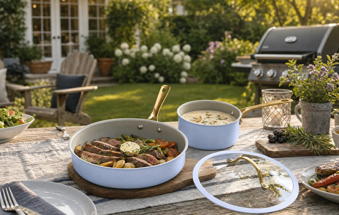 Chef Power Nonstick Cookware Set Blue and Gray Father's Day Banner