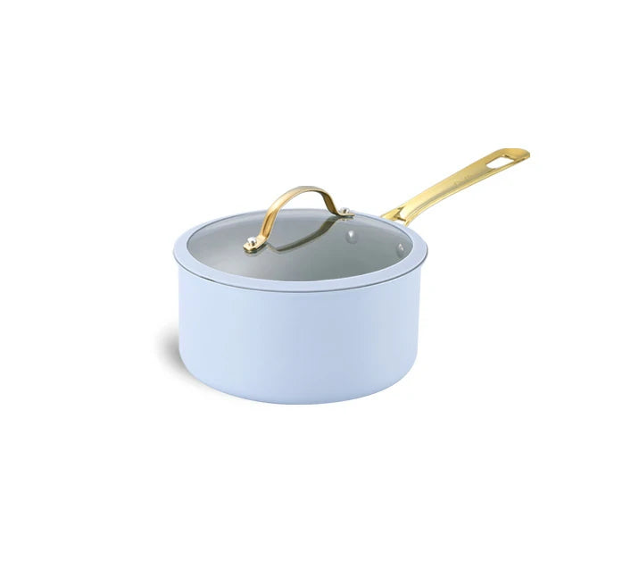 Light Blue Cookware Stars Ceramic Non-Stick 15-Piece Cookware Set with Light Golden Handles ...