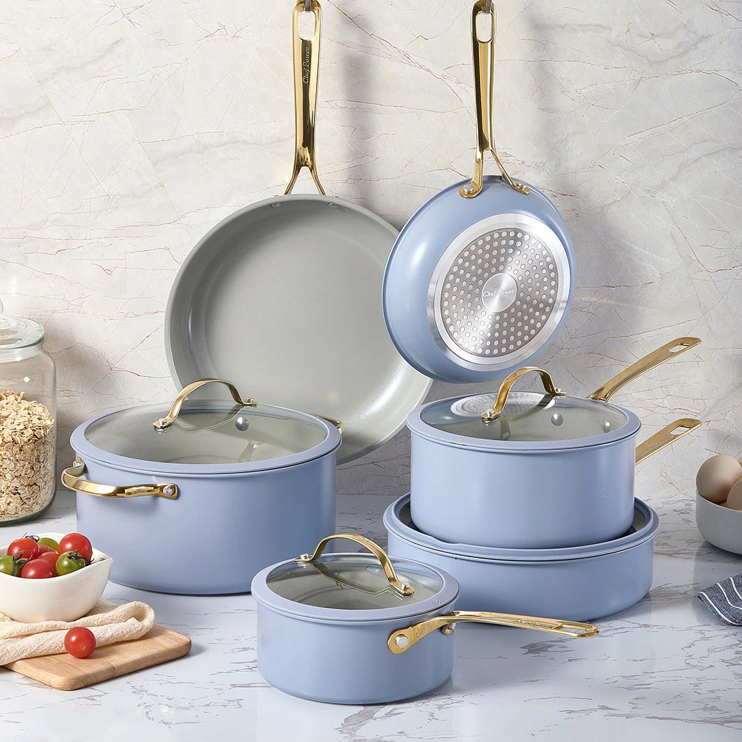 Light Blue Cookware Stars Ceramic Non-Stick 15-Piece Cookware Set with Light Golden Handles ...