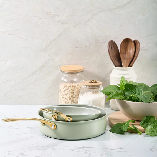 Chef Power Stars Ceramic Nonstick Pans Sage Green with Golden Handle