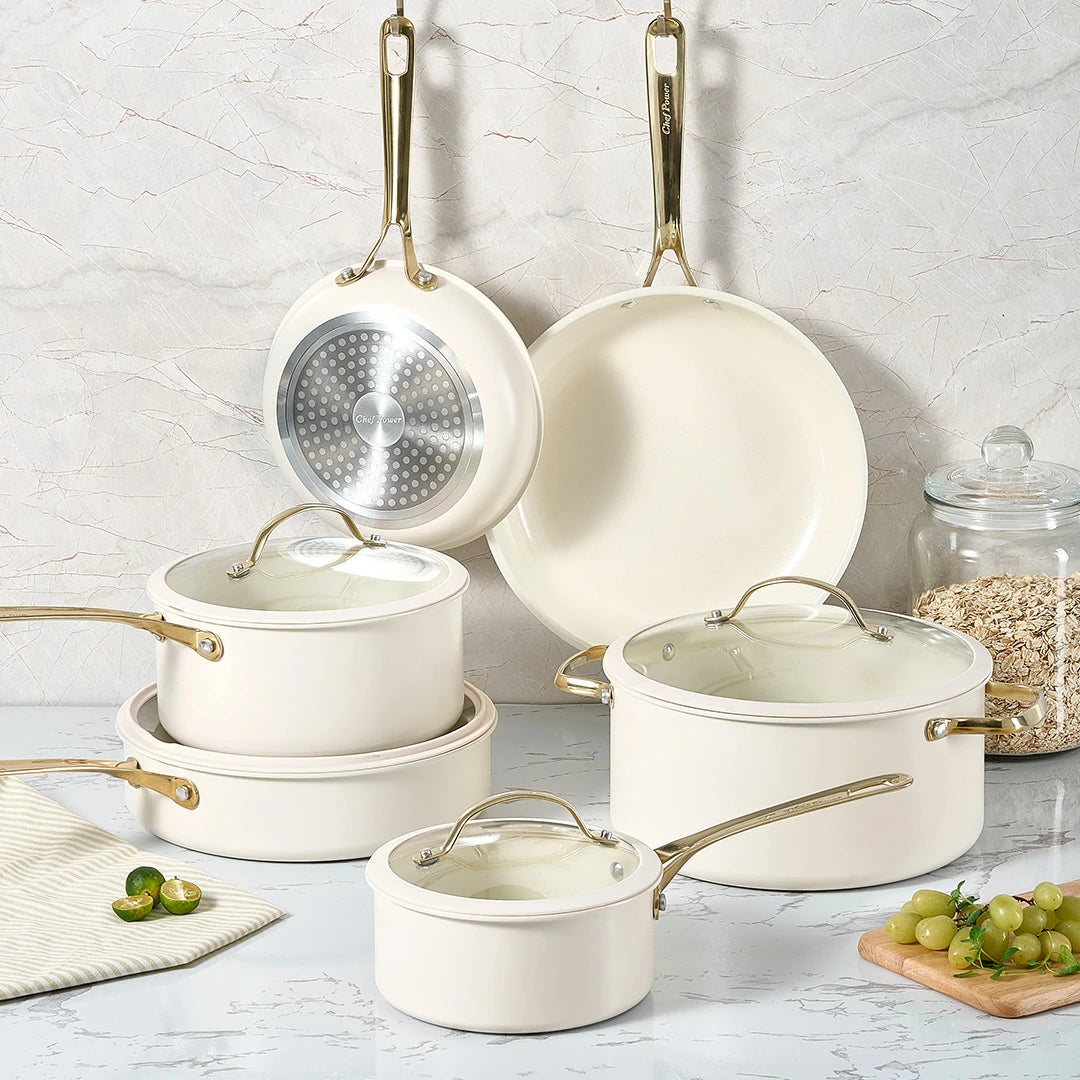 Stars Ceramic Non-Stick 15-Piece Cookware Set with Light Golden