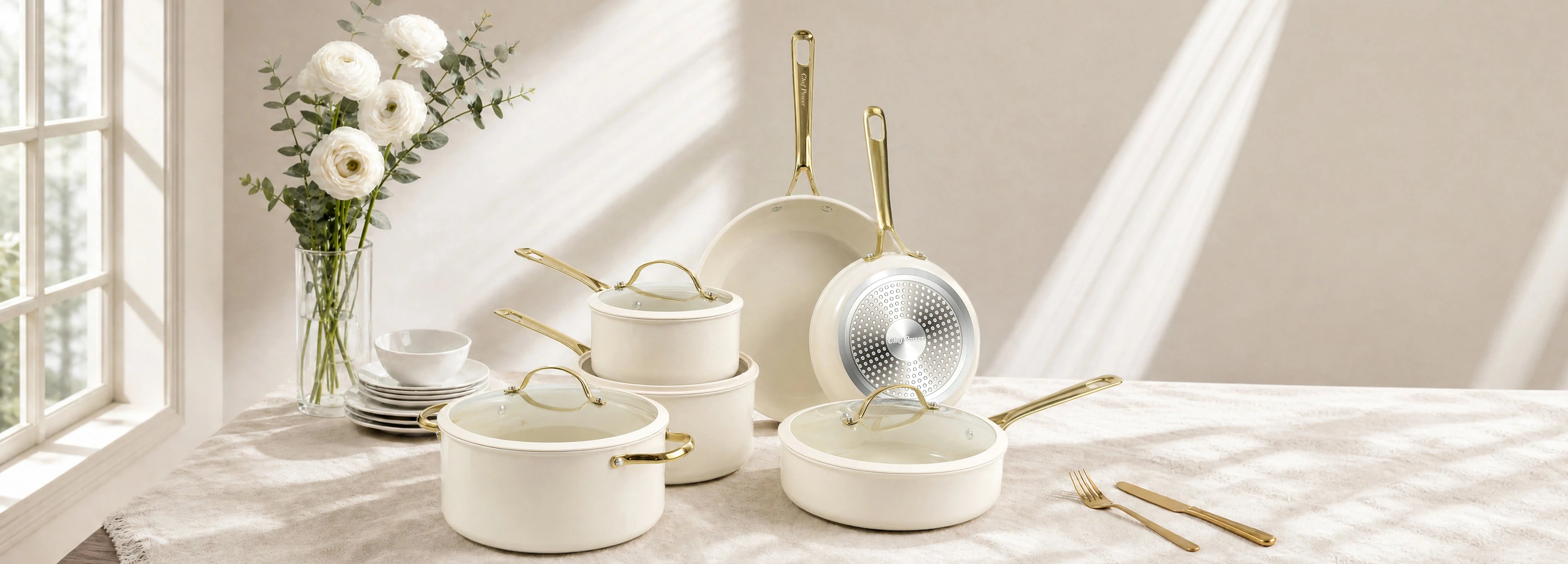 Chef Power Ceramic Nonstick 15-Piece Cookware Set White Banner