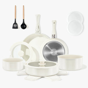 Healthy Ceramic Cookware Set 17-Piece | Detachable Handles, Space-Saving | Non-Toxic | For Induction, RV & Camping | Cream White