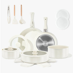 Healthy Ceramic Cookware 19-pc Set | Removable Handles, Space-Saving | For Induction, RV & Camping | Non-Toxic | Cream White Color