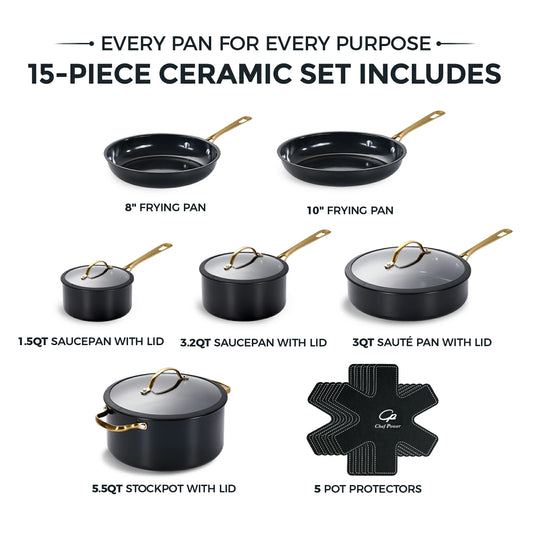 Chef Power Stars Ceramic Nonstick Cookware Set Black 15-Piece Set with Golden Handle Includes