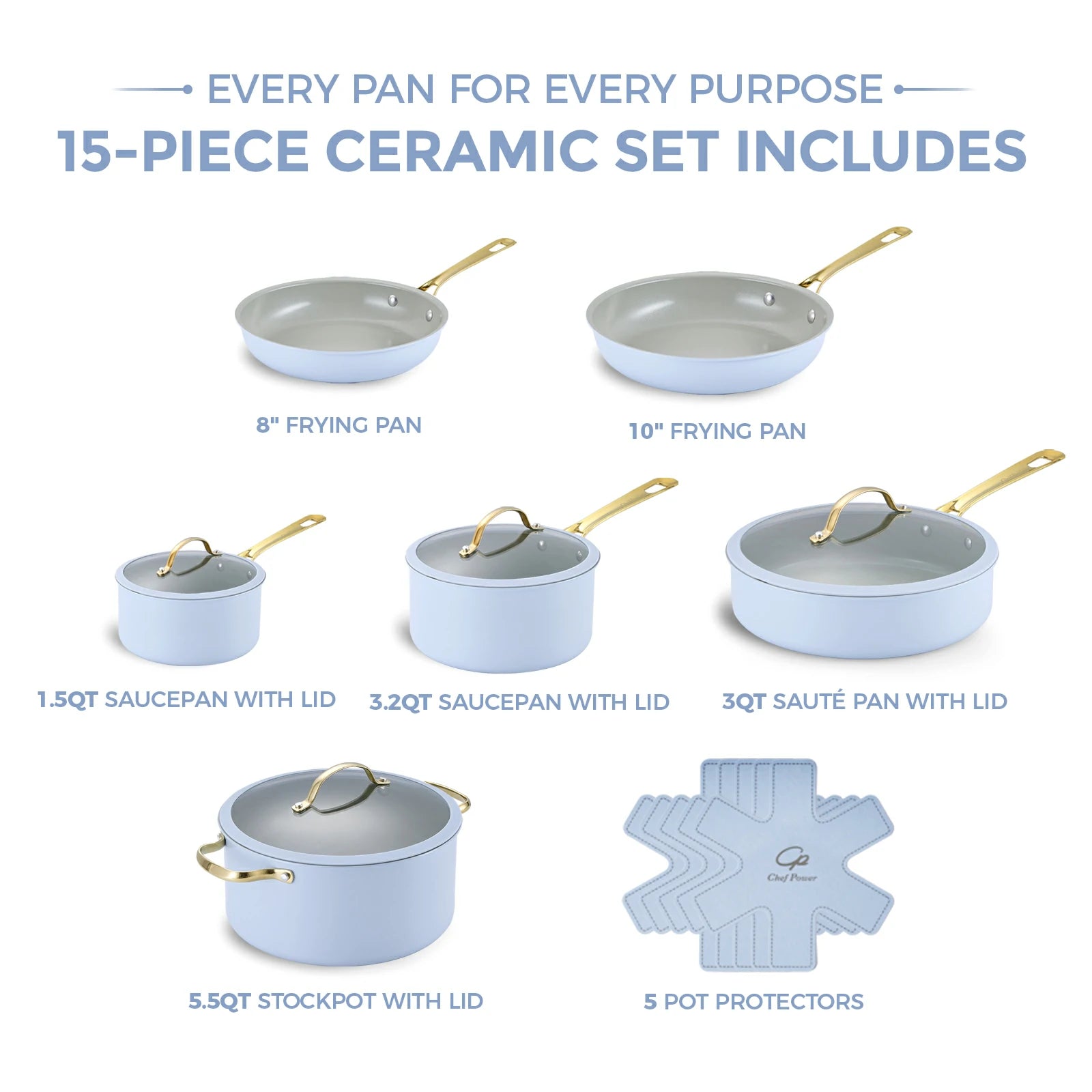 Chef Power Stars Ceramic Nonstick Cookware Set Light Blue 15-Piece Set with Golden Handle Includes